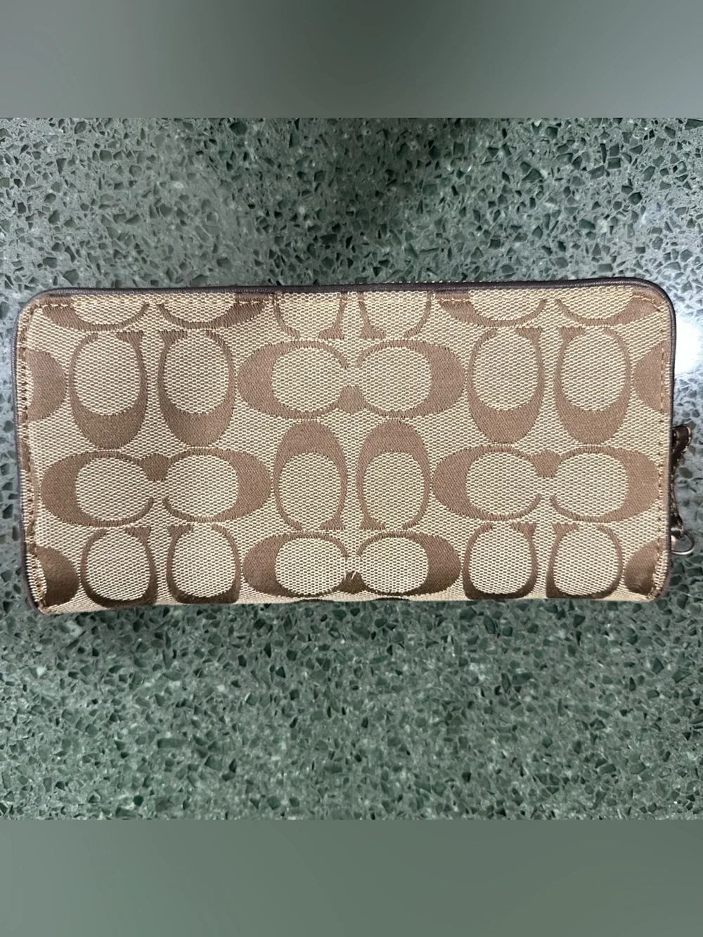 Coach Signature Canvas Zip Around Wallet Brown Tan Logo Print
